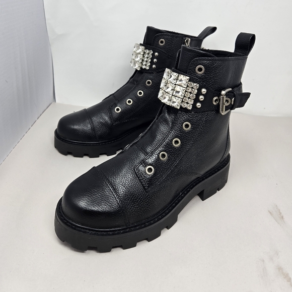 Karl Lagerfeld Maeva Womens Lug Sole  Combat Boots Sz 6M Black Leather Crystals - Picture 4 of 11